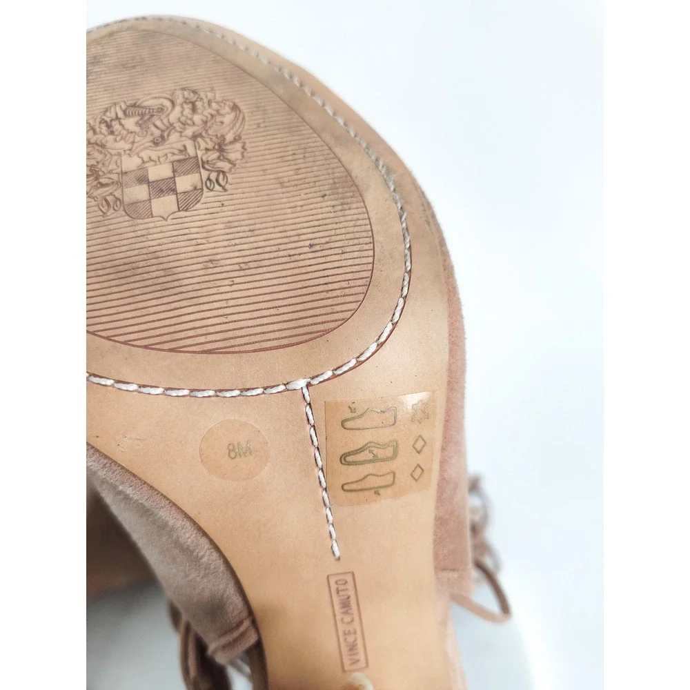 Vince Camuto Sandals 8 Fringe Block Heel Tan Suede Boho Western Tassel Peep Toe